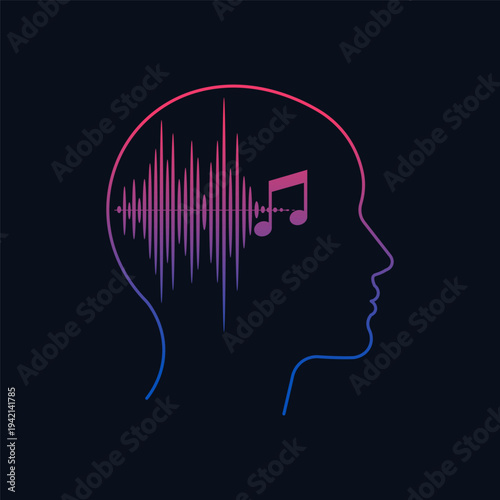 Abstract human head profile with sound wave and musical notes inside
