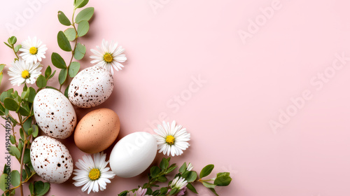 Decorative Easter Eggs with Spring Flowers on Pink Background, Flat Lay
