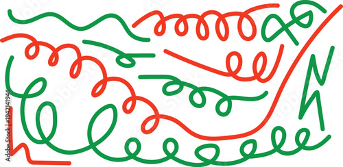 A colorful abstract artwork featuring intertwined green and orange squiggly lines on a white background, creating a dynamic visual effect