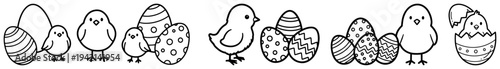 Easter border with cute little chicks and decorated eggs in outline doodle style