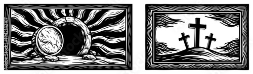 Resurrection empty tomb and calvary three crosses in woodcut style