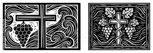 Religious cross and grape vine symbols in decorative woodcut style