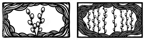 Pussy willow branches for Palm Sunday in woodcut style