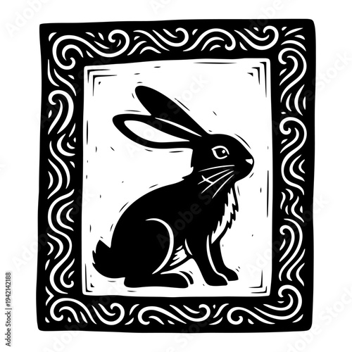 Easter bunny rabbit sitting in decorative frame in woodcut style