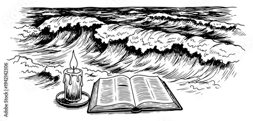 Holy Bible with lit candle on beach with ocean waves in vintage engraving style
