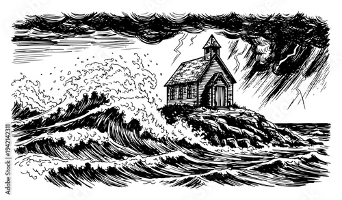 Church on rocks during stormy sea with big waves in engraving style