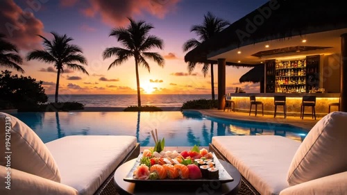 Tropical resort paradise with sushi and drinks at sunset.