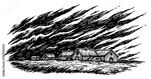 Rural village houses under dramatic sky in woodcut style