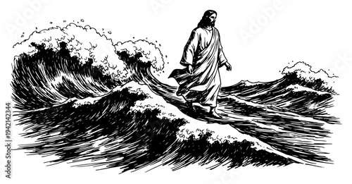 Jesus walking on water during sea storm in engraving style
