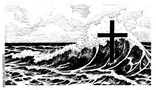 Christian cross in crashing ocean waves in woodcut style