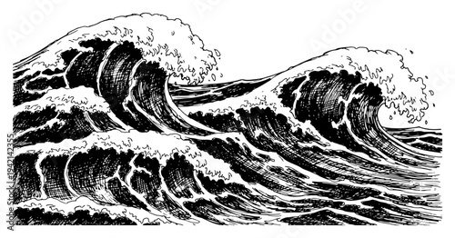 Dramatic ocean waves crashing in vintage engraving style