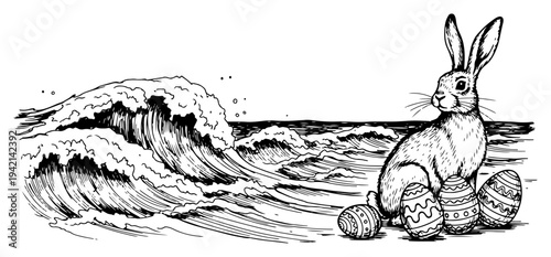 Easter bunny with decorated eggs on sandy beach by sea waves in vintage sketch style