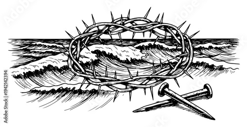 Crown of thorns and crucifixion nails on ocean waves in engraving style