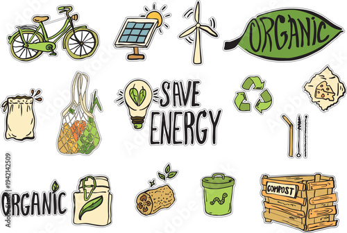 Eco lifestyle hand drawn sticker set. Sustainable living icons collection including bicycle, solar panel, wind turbine, recycling symbol, compost box, reusable bag, organic food and save energy 