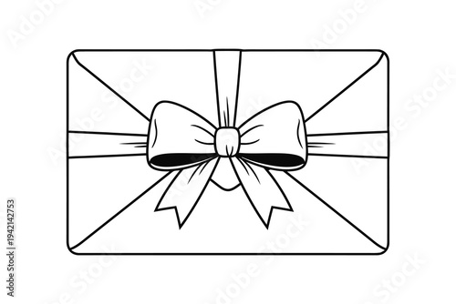 A black and white illustration of a gift card with a ribbon bow on a plain background, ideal for presents and celebrations