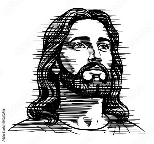 Jesus Christ portrait face with horizontal hatching engraved style