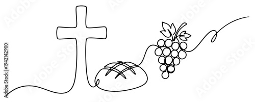 Christian cross bread and grapes eucharist symbols continuous line art style