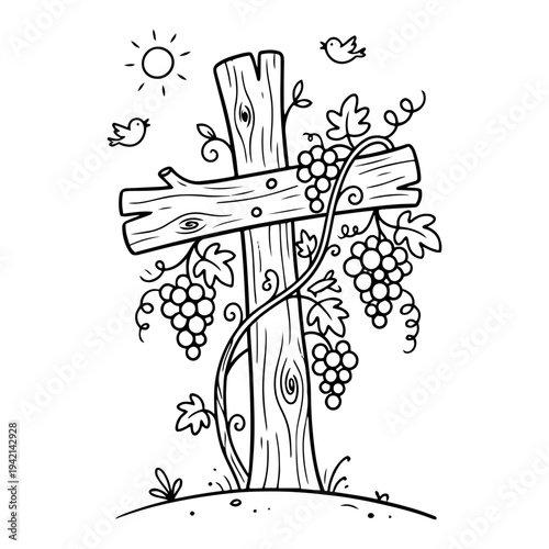 Wooden cross entwined with grapevine branches and birds hand drawn doodle style