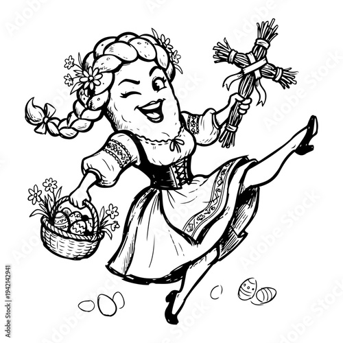 Girl in traditional folk costume dancing with Easter basket and straw cross hand drawn sketch style
