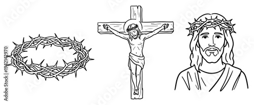 Passion of Christ symbols with crown of thorns and crucifixion line art style