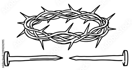 Crown of thorns and metal nails symbols of the passion line art style