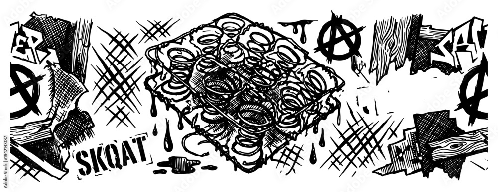 Fototapeta premium Anarchist graffiti art with metal springs and punk symbols in hand drawn sketch style