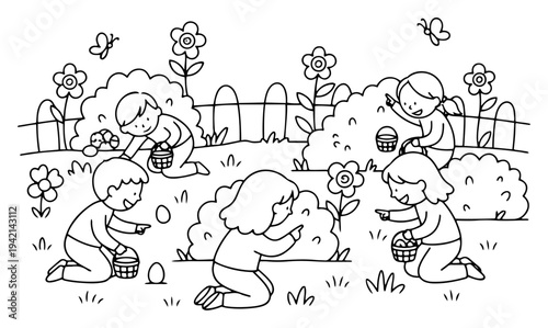Children hunting for hidden Easter eggs in garden coloring page line art style