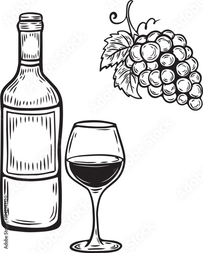 Wine bottle, glass and grapes line art illustration, hand drawn winery drink clipart, minimalist vintage vector