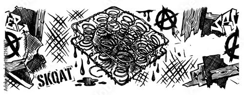Anarchist graffiti art with metal springs and punk symbols in hand drawn sketch style