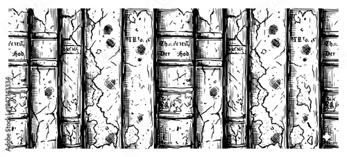 Old book spines on shelf in detailed vintage engraving sketch style
