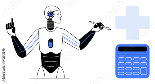 Artificial intelligence, healthcare advancements, robot-assisted diagnosis, medical calculations, AI in medicine, futuristic technologies. Robot with a stylus near medical cross and calculator. AI in
