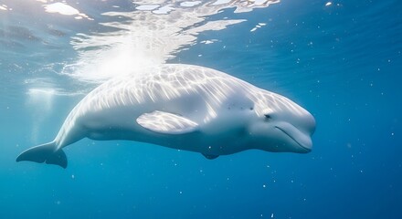 Majestic Beluga Whale Gliding Gracefully Through Sunlit Ocean Waters