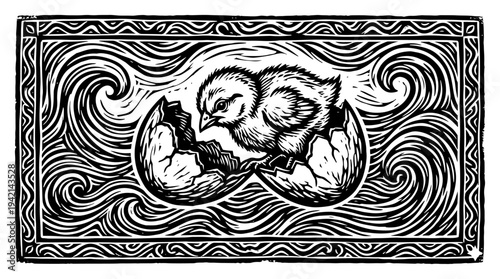 Baby chick hatching from egg with decorative swirl patterns woodcut style