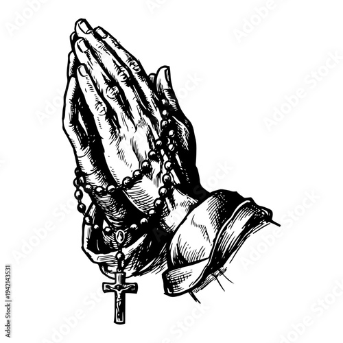 Praying hands holding rosary beads with cross vintage engraving style