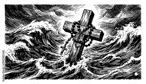 Wooden cross with rosary beads in stormy ocean waves vintage engraving style
