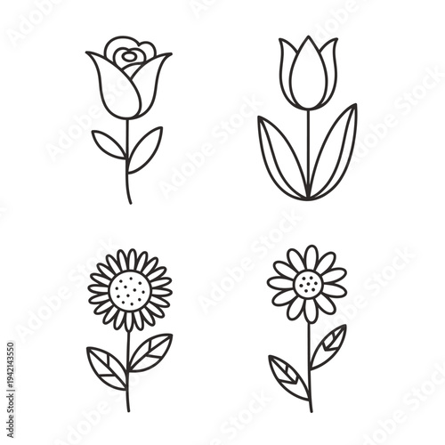 Hand Drawn Floral Icons - Rose, Tulip, Sunflower, Daisy