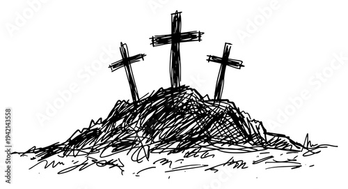 Three wooden crosses on Calvary hill for Easter religious sketch style
