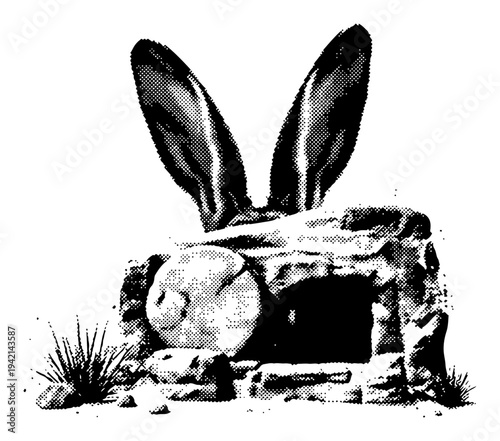 Easter bunny ears popping behind the empty tomb with stone halftone style