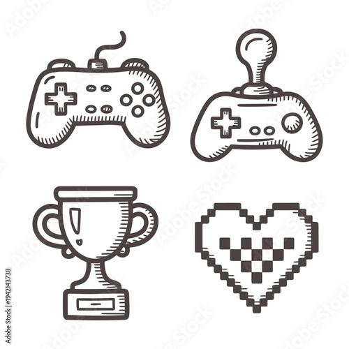 Retro and Modern Gaming Icons Hand Drawn - Gamepad, Joystick, Trophy, Heart