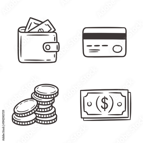 Hand Drawn Personal Finance and Money Icons - Wallet, Credit Card, Coins, Cash