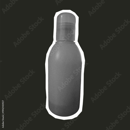 Simple cosmetic bottle packaging isolated on dark background in monochrome collage cutout style.Web
