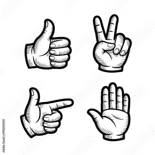 Hand Drawn Communication Gestures Icons - Thumbs Up, Peace, Pointing, Stop