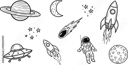 Space exploration illustrations featuring planets rockets and astronauts