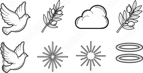 Collection of religious and peace symbols including doves, olive branches, clouds, and halos