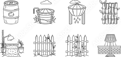 Collection of simple line art icons representing sustainable living and eco-friendly concepts