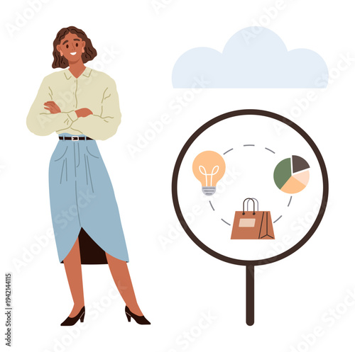 E-commerce, business strategy, market analysis, online shopping, data insights, sales growth. Woman standing next to a magnifying glass showing shopping bag, pie chart and lightbulb. E-commerce