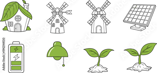 Collection of eco-friendly energy and sustainability icons including house, windmills, solar panel, battery, lamp, and sprouts