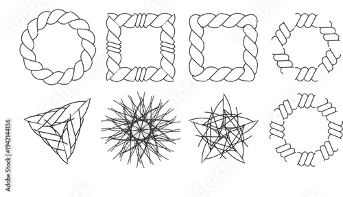 Set of 8 Rope Frame Vector Icons: Circular, Square, Triangular, and Star Shapes for Nautical, Marine, and Decorative Design Elements