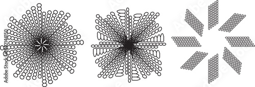 Abstract geometric vector elements set with radial patterns and textured shapes in black and white, ideal for modern design backgrounds, web graphics, and digital art projects.