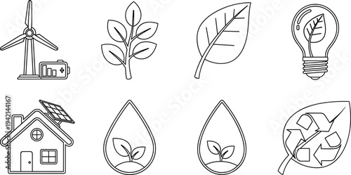 Set of eco-friendly icons representing renewable energy, sustainability, and nature conservation